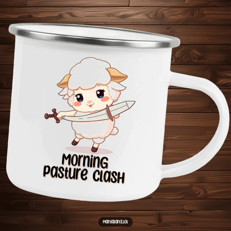 Funny camping mug featuring a fluffy sheep spinning with a pretend sword, ready for any outdoor quest.