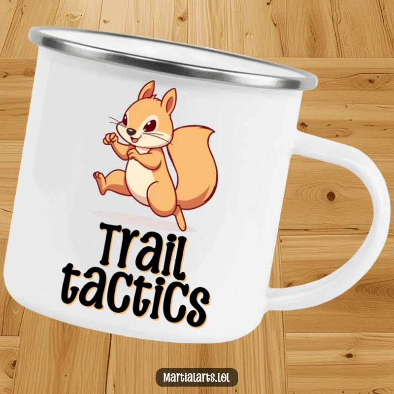 Funny Squirrel Camping Mug: A determined squirrel in a swift, agile martial arts move, perfect for sipping coffee outdoors.