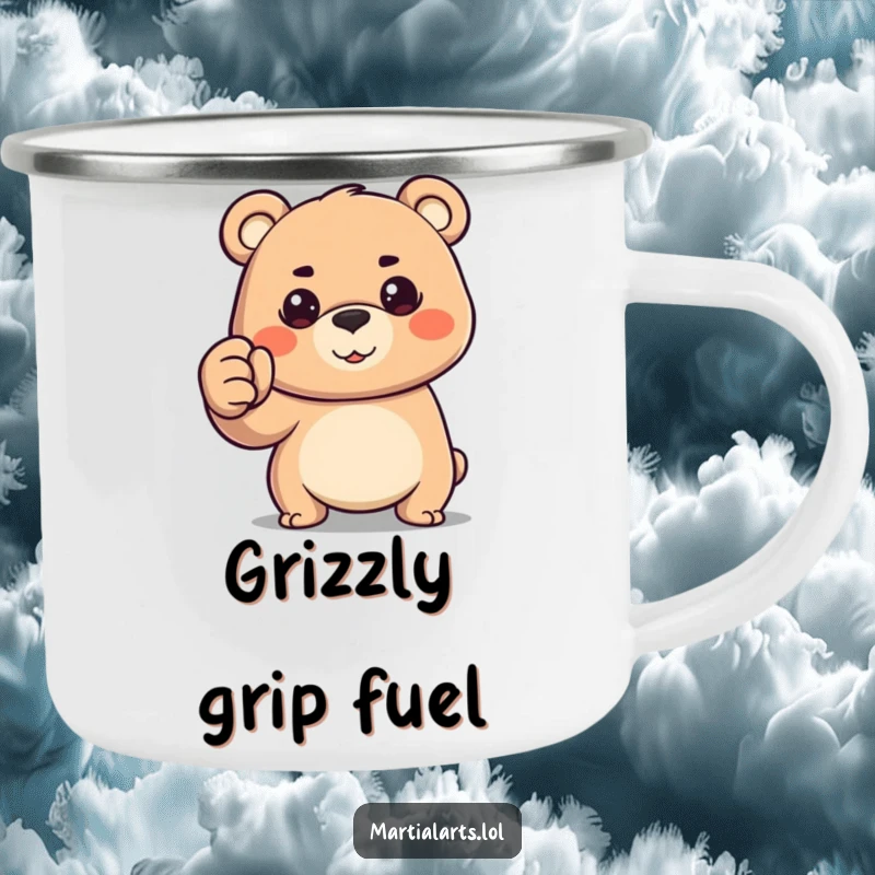 Funny happy bear with a determined gaze, forming a fist, perfect for sipping coffee on the trail.