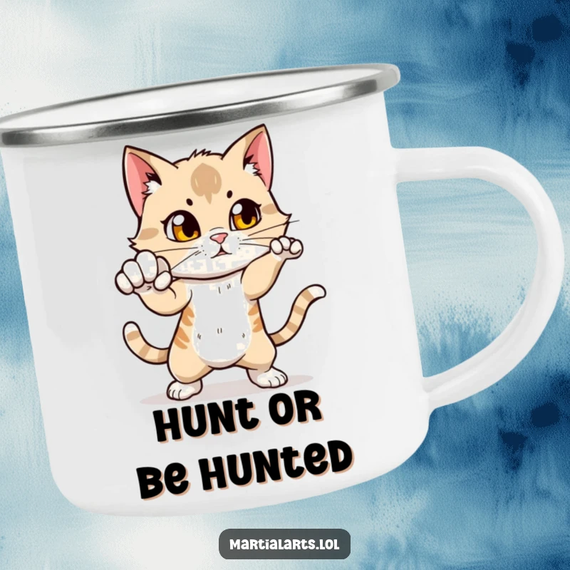 Funny Cat Punch Camping Mug: A curious cat mid-punch, designed for durability and bringing a dose of humorous feline spirit to your camp.