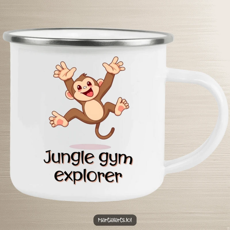 Funny monkey flip camping mug, a mischievous monkey performing a playful acrobatic flip, ideal for outdoor adventures and morning coffee with a smile.
