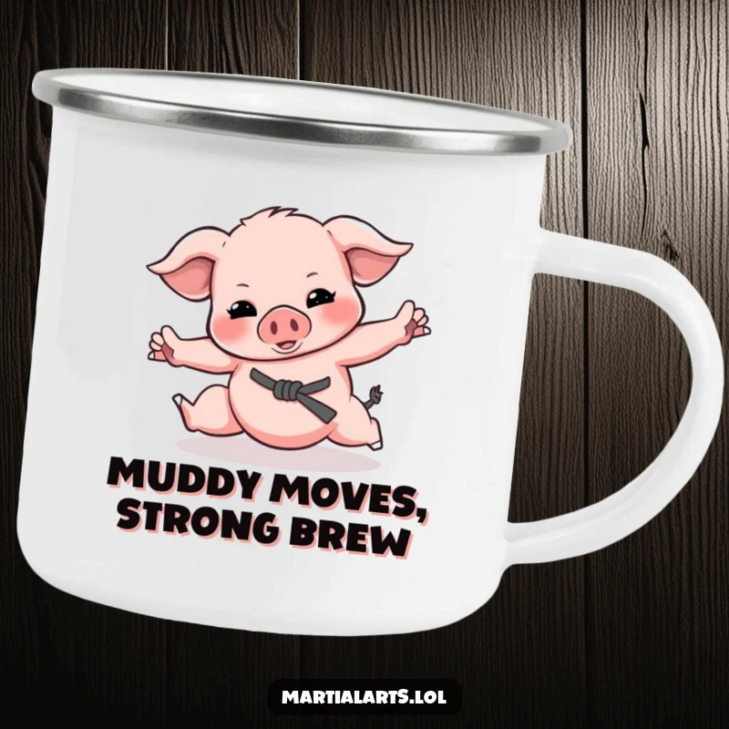 Funny Piglet Martial Arts Camping Mug with a playful piglet doing fighting moves, built for rugged, humorous outdoor use.