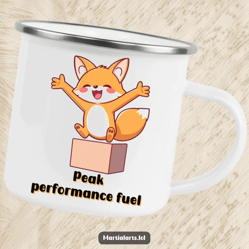 Funny fox doing a joyful leap with arms outstretched in a block, perfect for sipping hot cocoa outdoors.