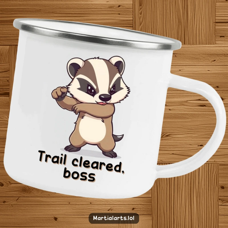 Funny badger elbow strike camping mug showing a determined animal delivering a powerful strike, perfect for rugged outdoor use.