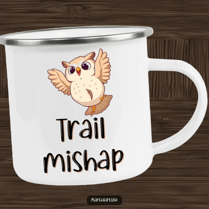 Funny camping mug featuring a startled owl tumbling from a leap, for humorous outdoor enjoyment.