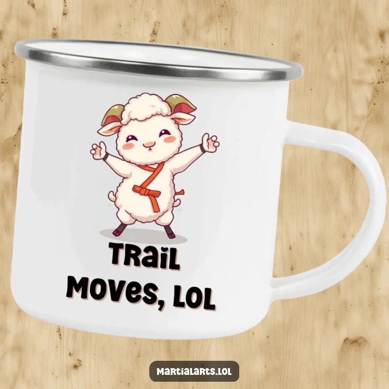 Funny sheep camping mug with a giggling sheep performing a wobbly martial arts move, great for outdoor adventures.