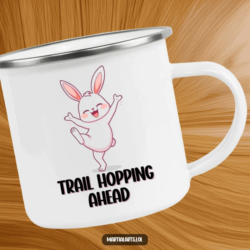 Funny Bunny High Knee Camping Mug: A cheerful bunny doing a high knee lift, designed for durability and bringing a dose of humorous energy to camp.