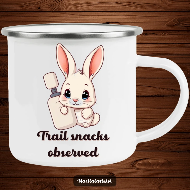 Funny Rabbit Camping Mug: A curious rabbit peeking from behind a training dummy, perfect for enjoying drinks outdoors.