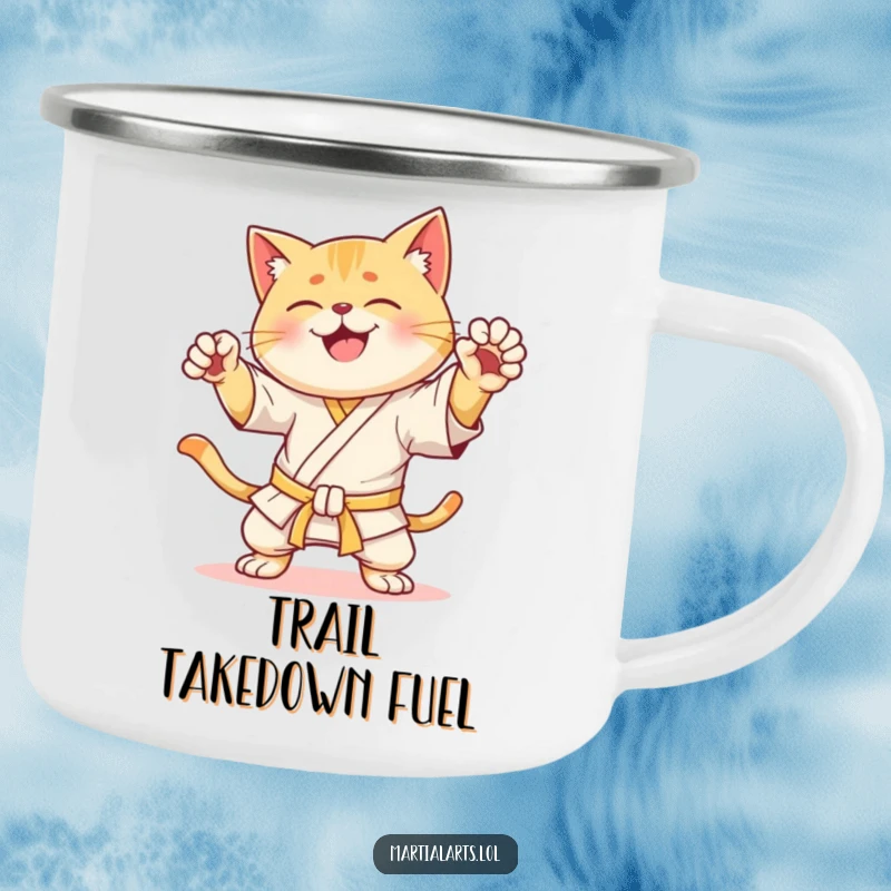 Funny Camping Mug: A happy cat striking a dynamic karate pose, ready for outdoor adventures with a humorous, energetic vibe.