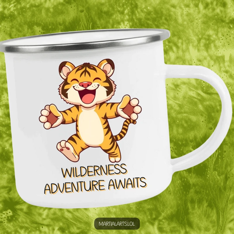 Funny camping mug featuring a joyful tiger mid-leap, durable and perfect for outdoor adventures.