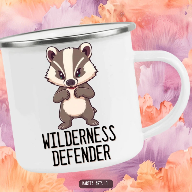 Funny camping mug featuring a brave badger in a strong defensive posture, for humorous outdoor safety.