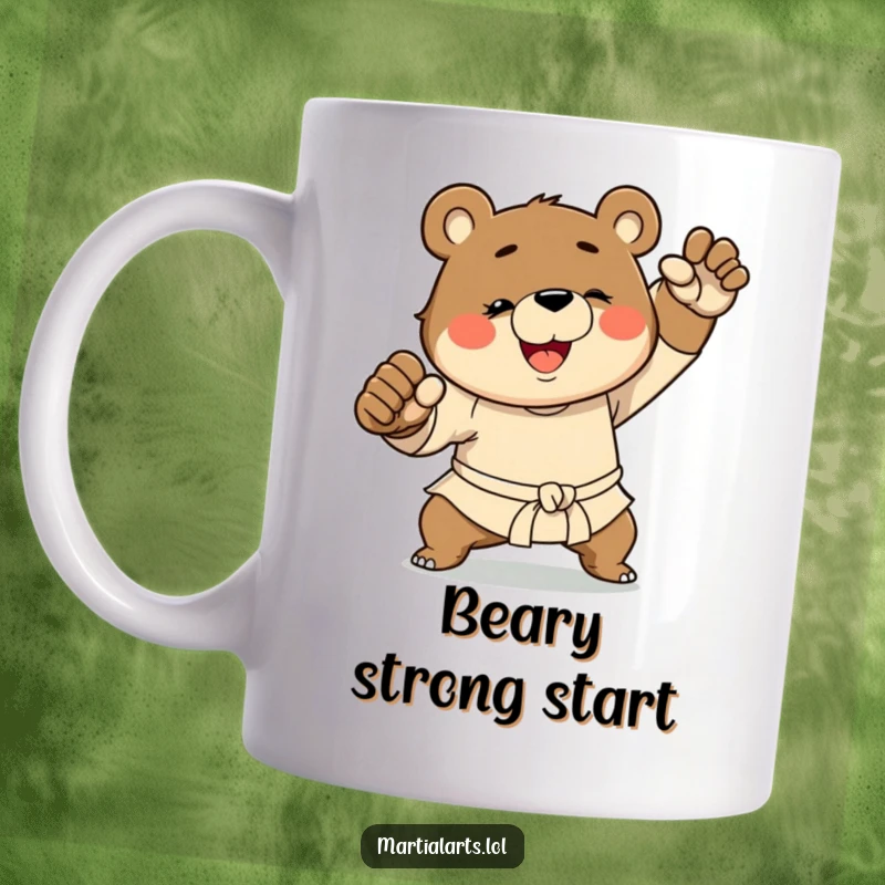 Funny Martial Arts Bear Mug: A smiling bear in a dynamic karate stance, embodying strength and humor for a memorable gift.