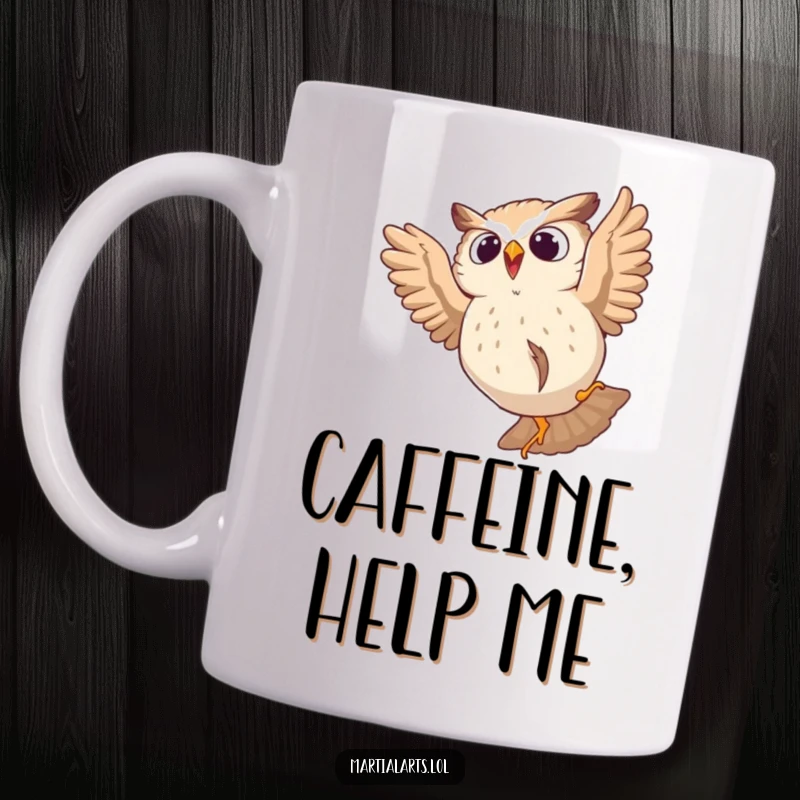 Funny mug featuring a startled owl tumbling from a leap, capturing a humorous moment of surprise and mishap.