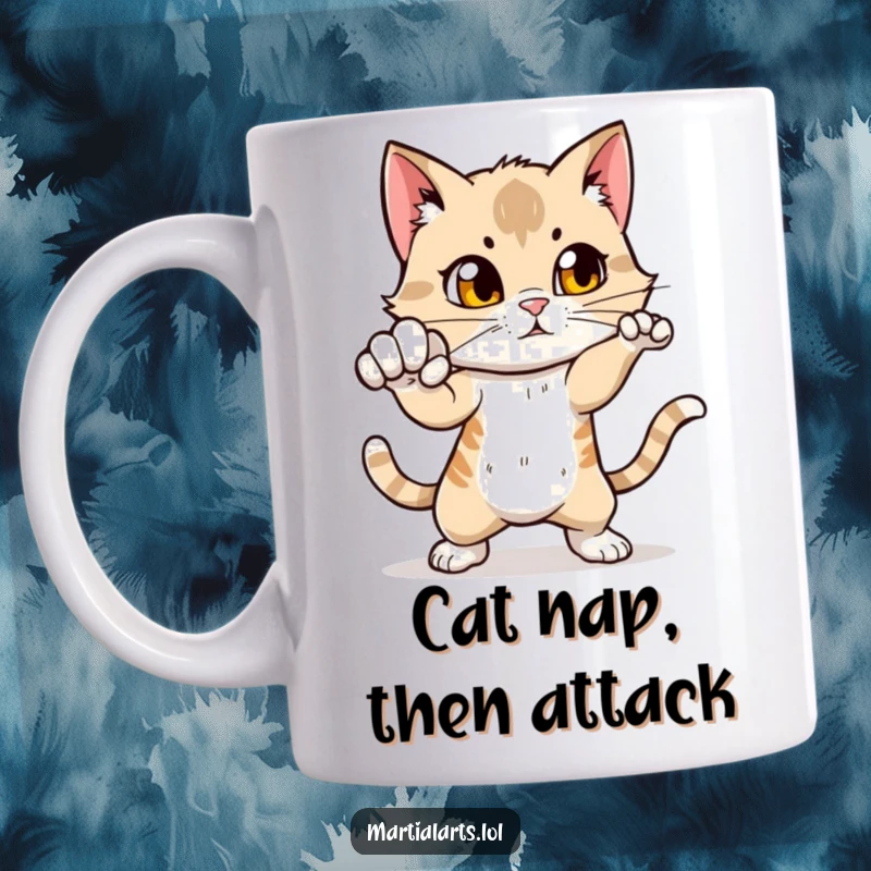 Funny Curious Cat Punch Mug: A mischievous cat practicing a swift punch motion, capturing its playful and ready-for-action spirit.