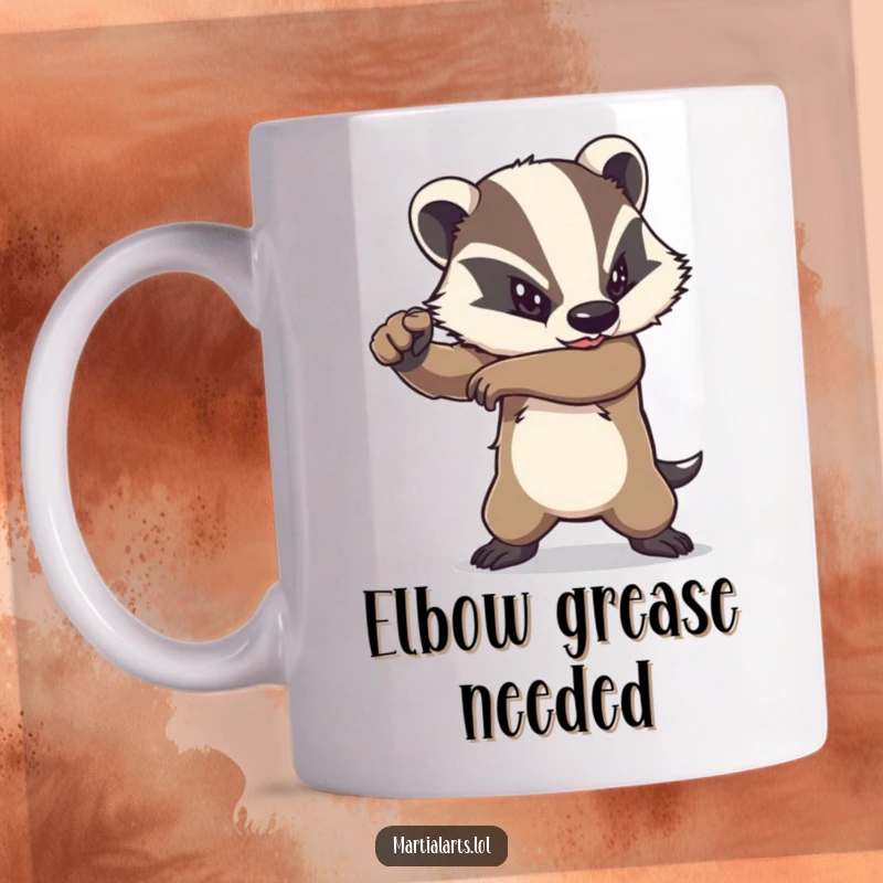 Funny badger mug depicting a determined animal executing a powerful elbow strike, demonstrating intense focus and force.