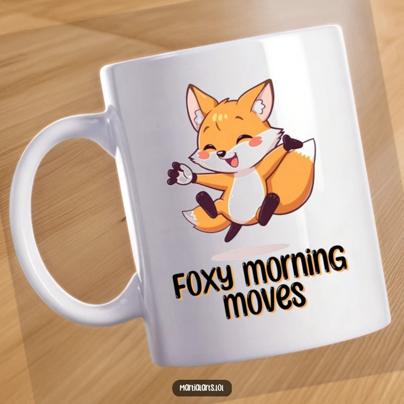Funny fox mug depicting a cheerful fox mid-air, executing a dynamic flying side kick with enthusiastic paw extensions.