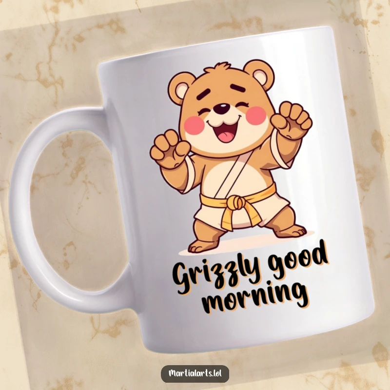 Funny mug with a happy bear striking a proud martial arts pose, embodying strength and playful warrior spirit.