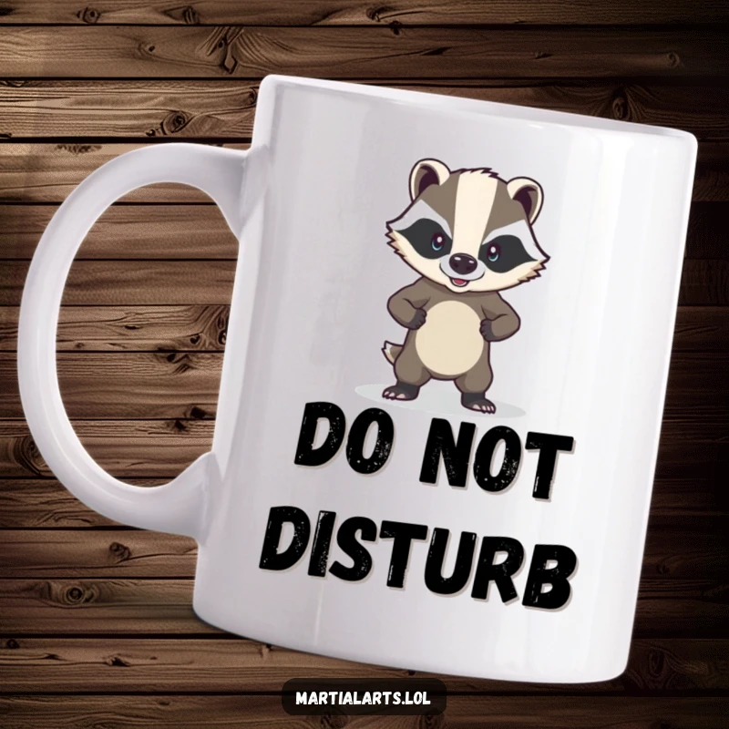 Funny brave badger mug showing a badger in a strong, defensive posture, looking resilient.