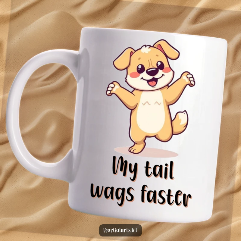 Funny dancing dog mug with a dog in a playful, energetic spin, ready to entertain.