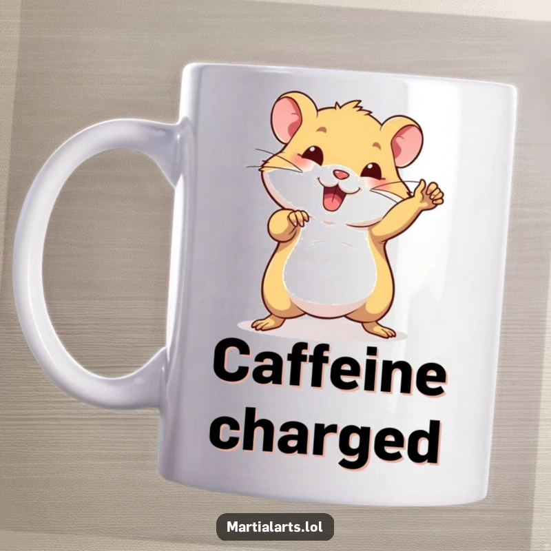 Funny mug featuring a beaming, confident hamster striking a powerful martial arts pose with a fierce, yet adorable, expression.