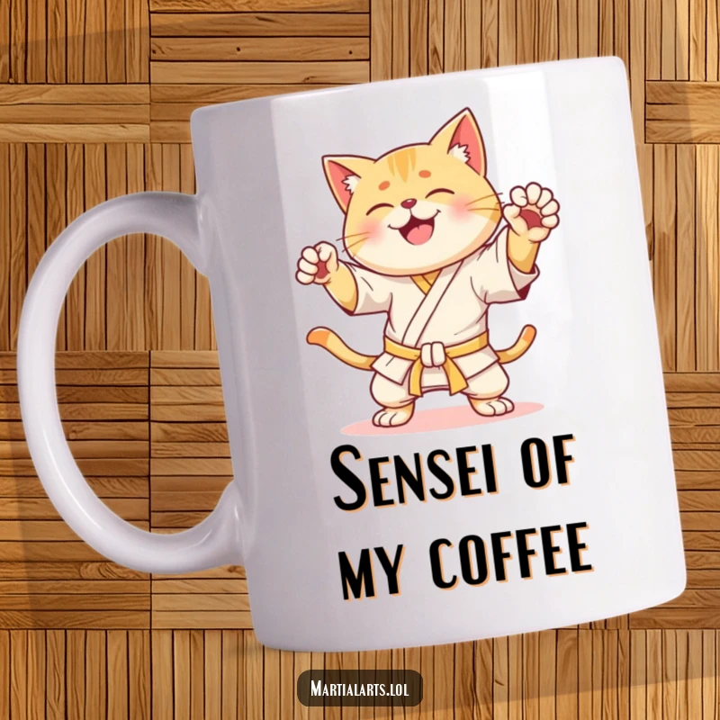 Funny Mug: A happy cat in a dynamic karate pose, ready to strike with a determined yet cheerful expression, spreading humor.