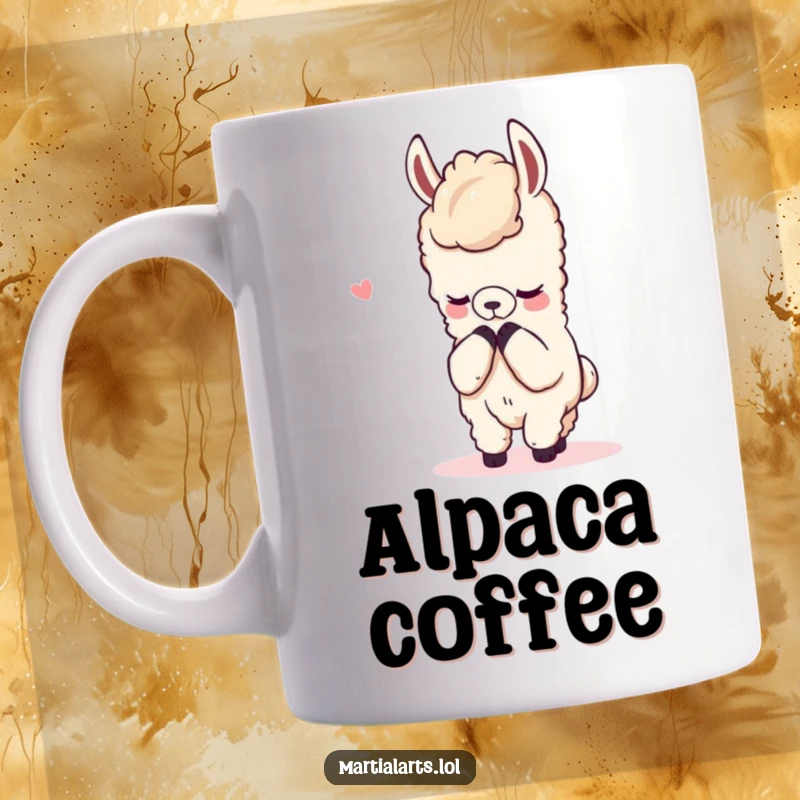 Funny mug showing a content llama gracefully bowing respectfully after a playful, mock fight, exuding calm.