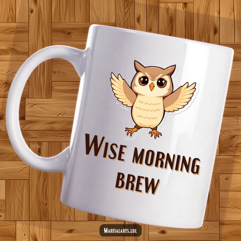 Funny Owl Kung Fu Mug: A playful owl balancing perfectly in a martial arts stance, radiating wise humor.