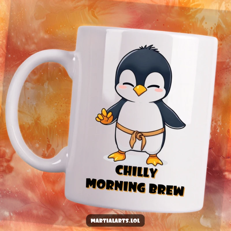 Funny penguin karate mug, a curious penguin wobbling in a clumsy martial arts stance, showcasing adorable awkwardness and effort with a sweet expression.
