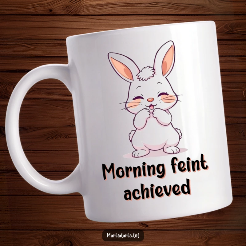 Funny mug featuring a playful bunny bowing with a mock strike, capturing adorable ferocity and humor.