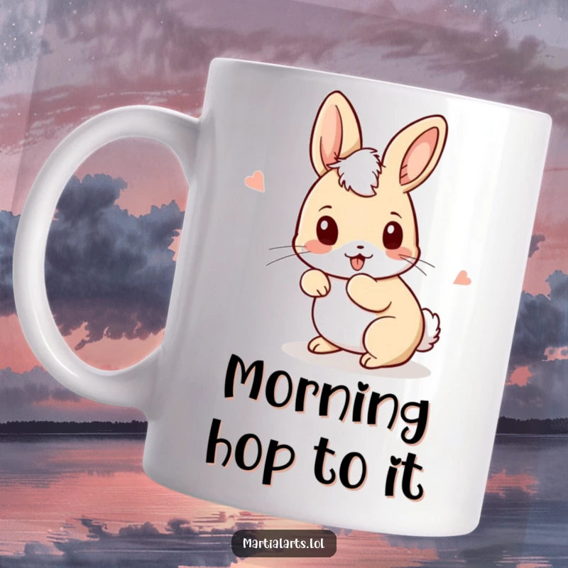 Funny Rabbit Mug showing a curious rabbit ducking and weaving its head with energetic, playful boxing movements.