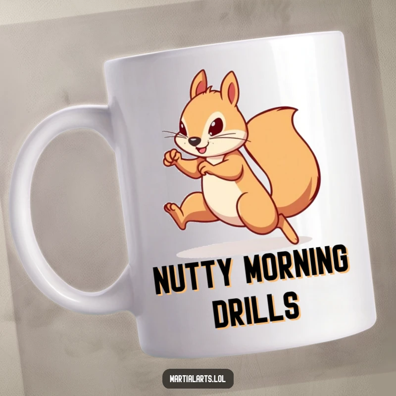 Funny Squirrel Mug: A determined squirrel in a swift, agile martial arts move, ready to conquer the day with humor.