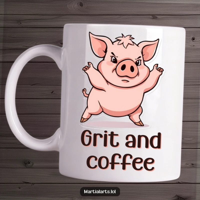 Funny determined pig in a powerful, low stance, ready to fight, perfect funny gift mug.