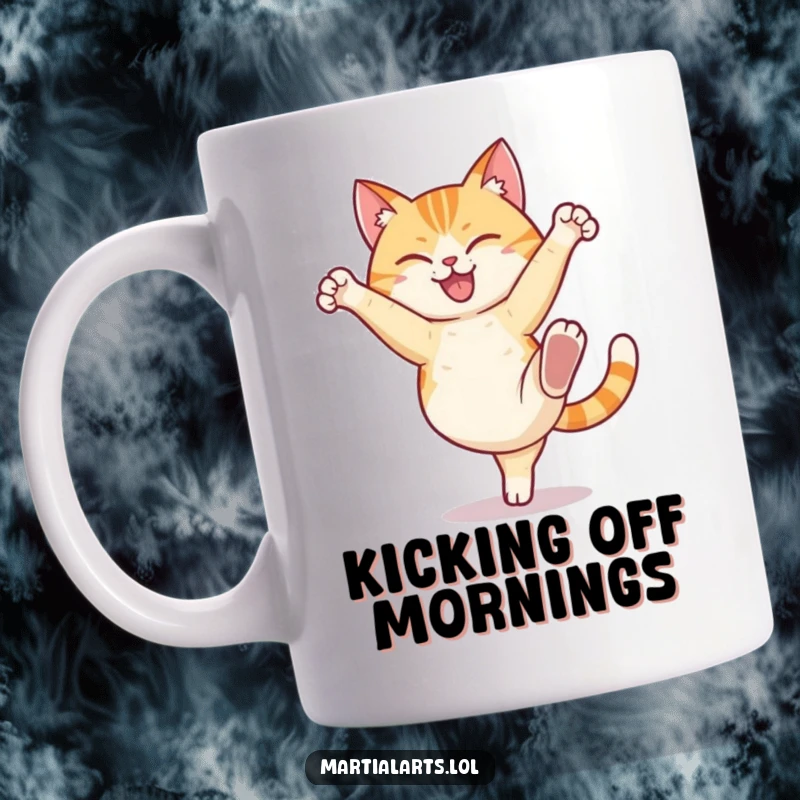Funny cat mug showing a happy cat executing a precise high kick with a determined expression, conveying playful strength.