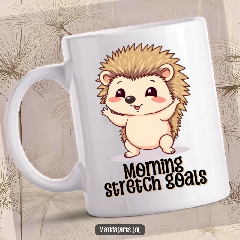 Funny mug showing a cute hedgehog struggling to hold a wobbly, hilarious yoga pose with determination.