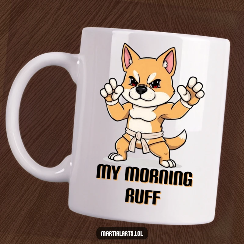 Funny Dog Mug with a determined dog striking a proud, balanced martial arts stance, ready for a laugh.
