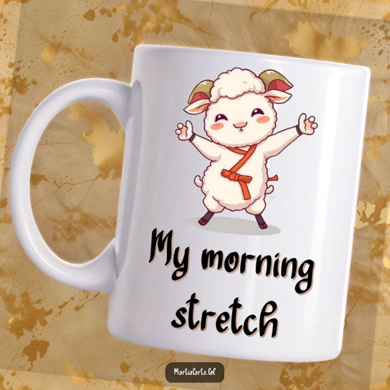 Funny sheep mug showing a giggling sheep attempting a wobbly, humorous martial arts move with a joyful expression.