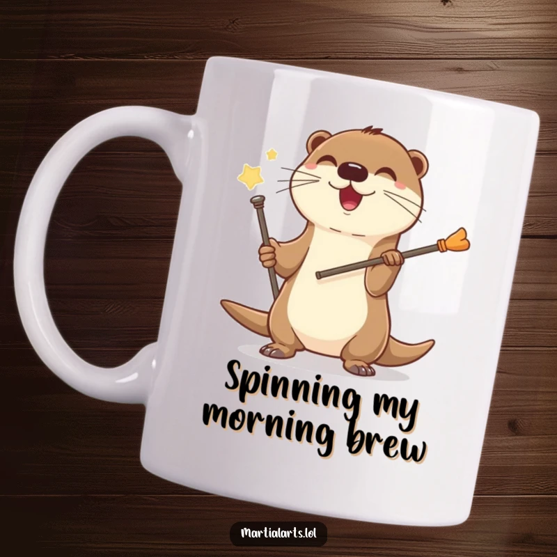 Funny Otter Staff Mug featuring a joyful otter expertly spinning a tiny staff with a confident, cheerful flourish.