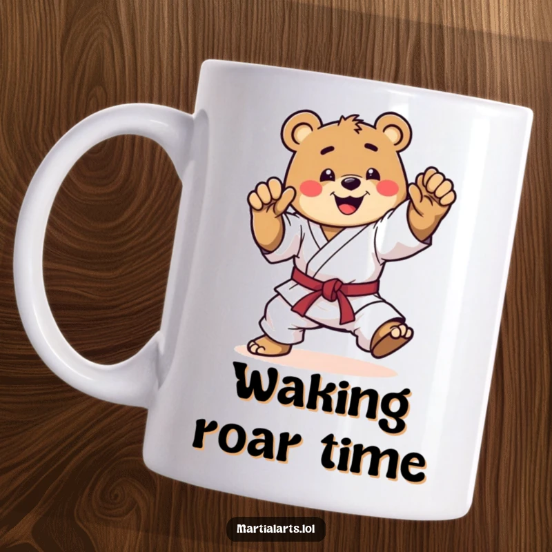 Funny karate bear mug, a happy bear in a dynamic pose, mid-kick, showcasing impressive martial arts power with a joyful expression.