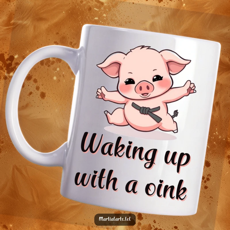 Funny Piglet Martial Arts Mug featuring a cute, playful piglet rolling around, pretending to do karate moves.