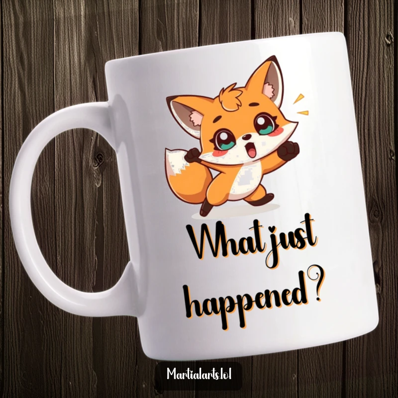 Funny mug showing a surprised fox with wide eyes, comically dodging a swift punch, highlighting quick reflexes.