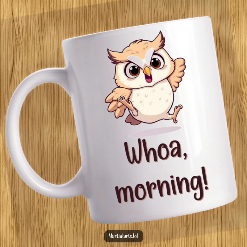 Funny startled owl mug depicting an owl comically tumbling from a leaping pose, surprised.