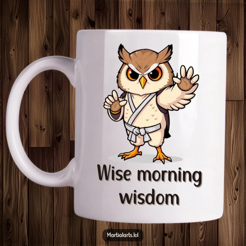 Funny owl mug showing a proud bird in a graceful karate stance, exuding confidence and martial arts mastery.