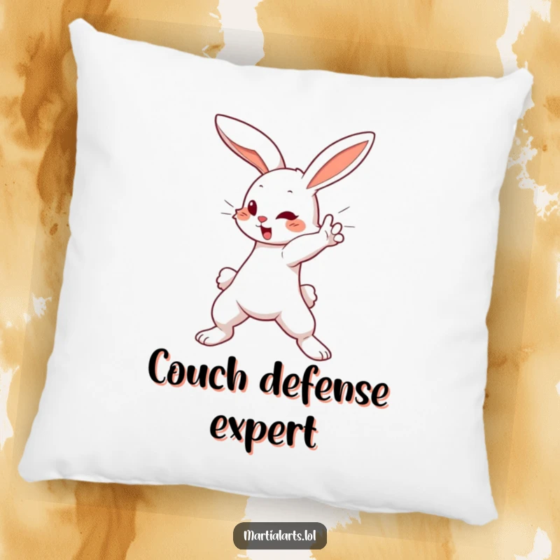Funny Pillow: A cute bunny executing a swift blocking motion, offering cozy comfort and a humorous, protective presence.