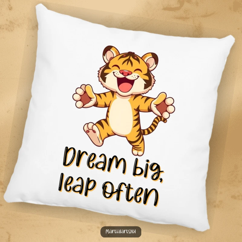 Funny pillow depicting a joyful tiger leaping, soft and cuddly, perfect for adding playful animal charm to a room.