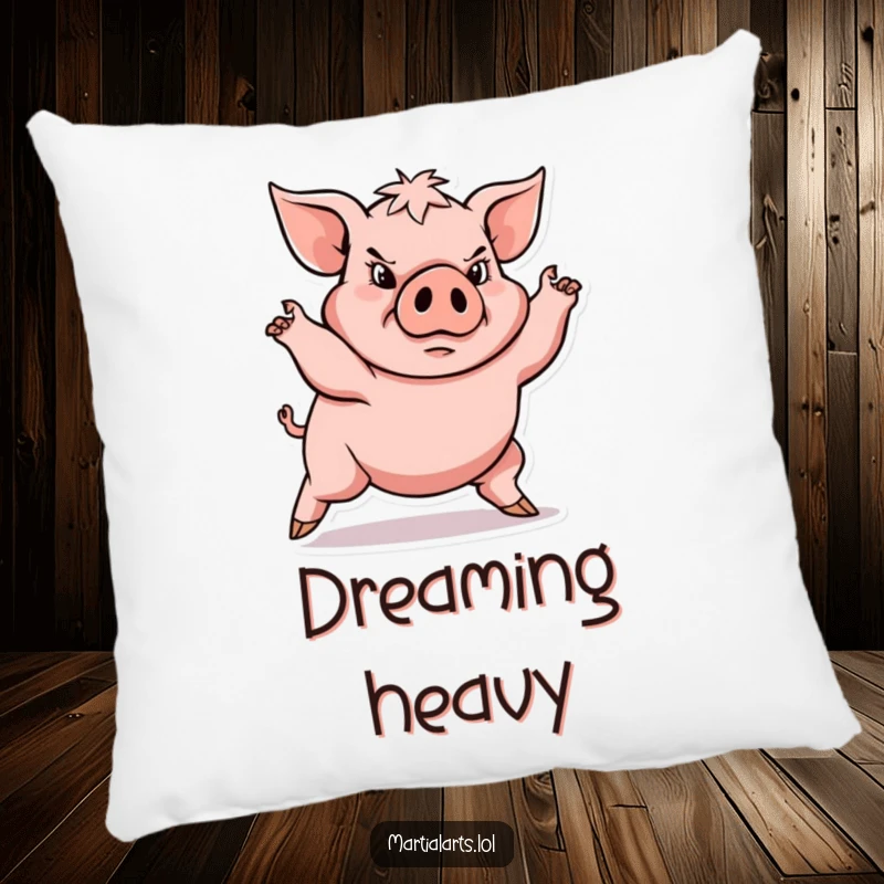 Funny determined pig in low stance, plush funny pillow, perfect for cozy strength, gift.