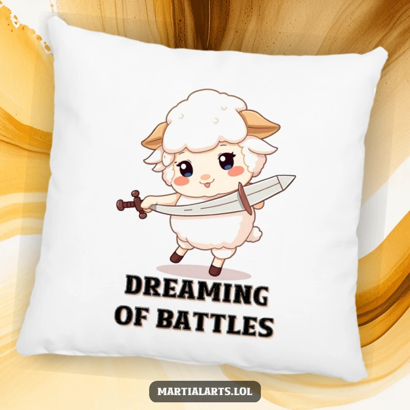 Funny pillow showcasing a fluffy sheep hilariously spinning with a pretend sword, perfect for soft laughs.
