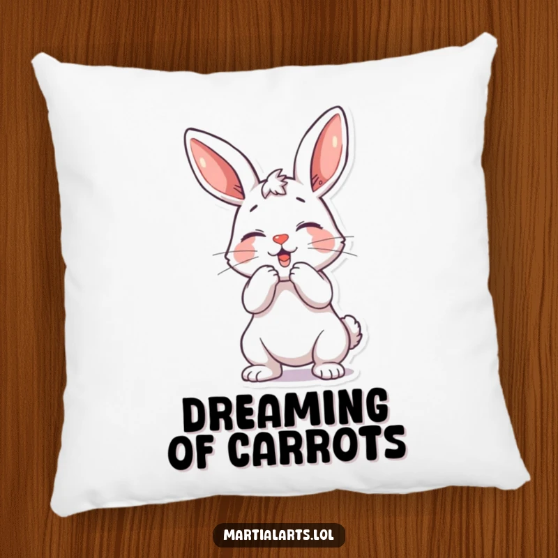 Funny playful bunny pillow featuring a bunny in a mock strike pose, perfect for snuggles.