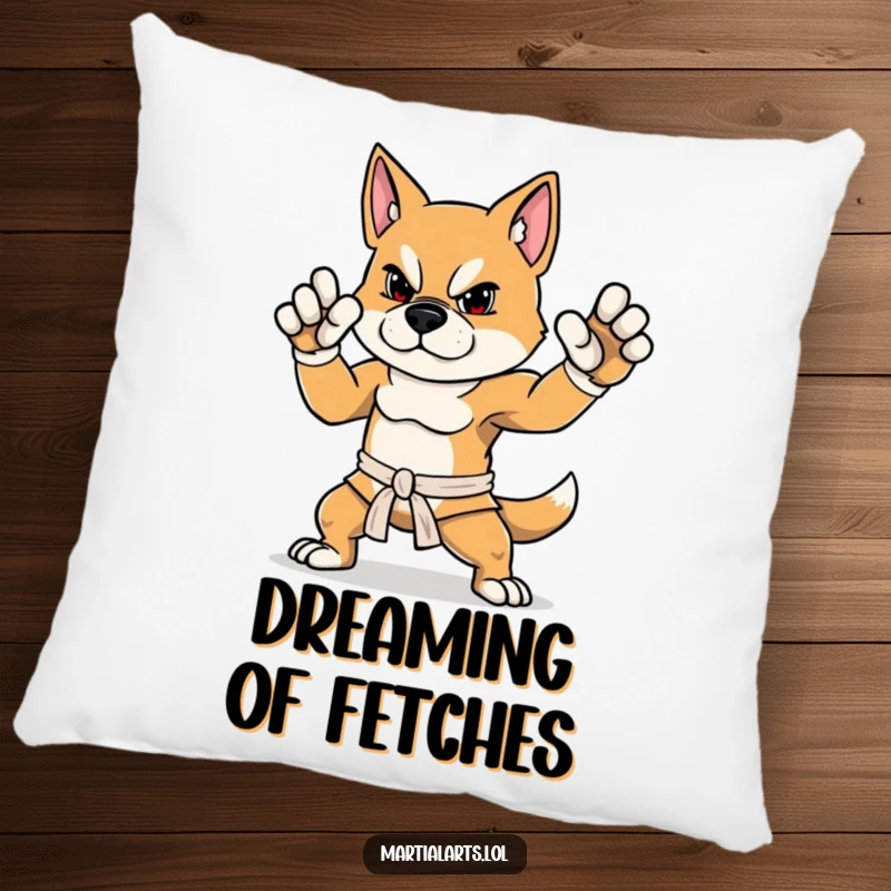 Funny Dog Pillow with a determined dog striking a proud, balanced martial arts stance, offering comfort and humor.