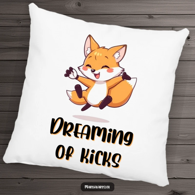 Funny fox pillow depicting a fox performing a flying side kick, adding a touch of playful action to any room.