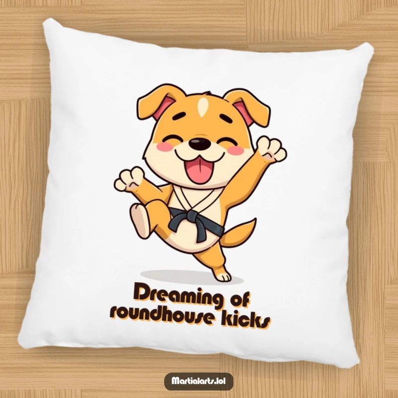 Funny Dog Pillow with a happy dog in a karate stance, enthusiastically kicking its legs, adding cozy and humorous charm.